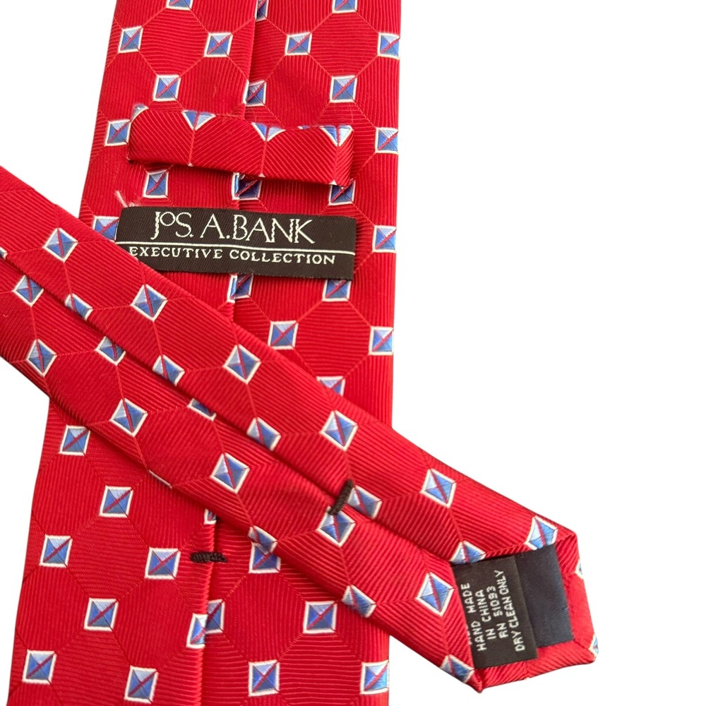 JOS A BANK Executive Red Power Tie Blue Geometric Print 100% Silk Necktie